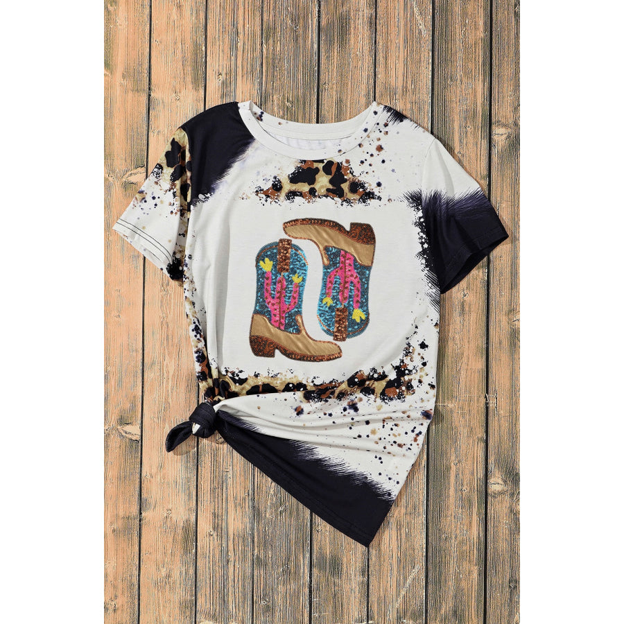 Sequin Boots Leopard Round Neck Short Sleeve T-Shirt Apparel and Accessories