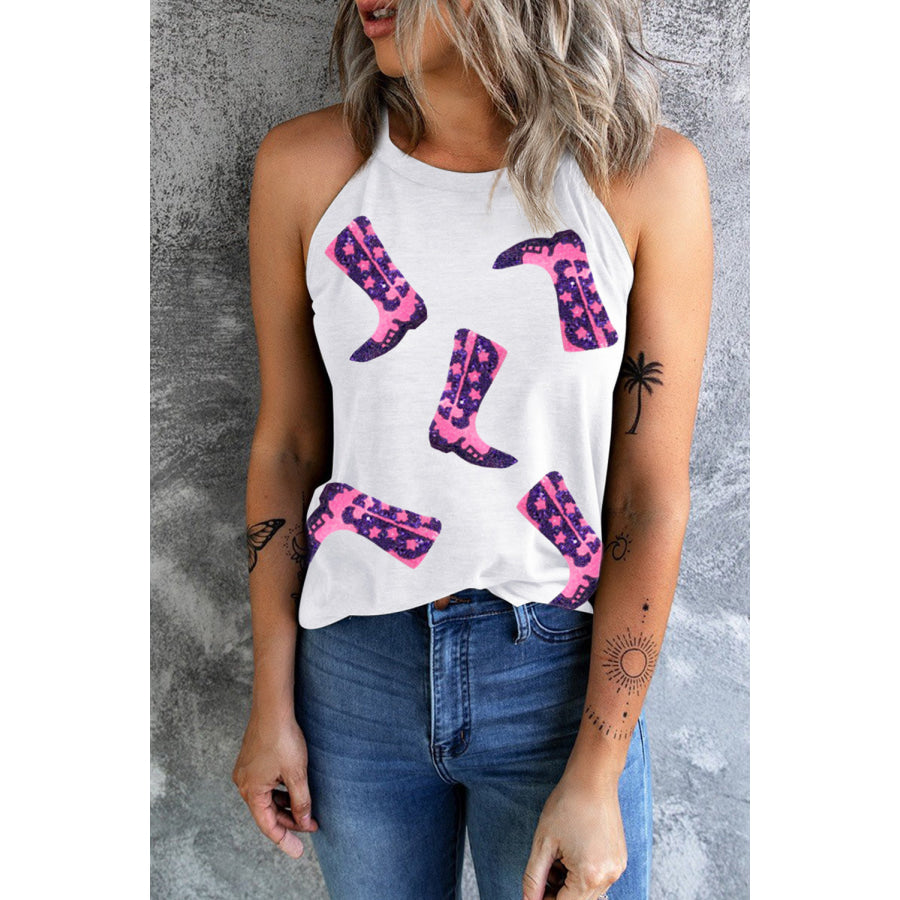 Sequin Boots Print Round Neck Tank Apparel and Accessories