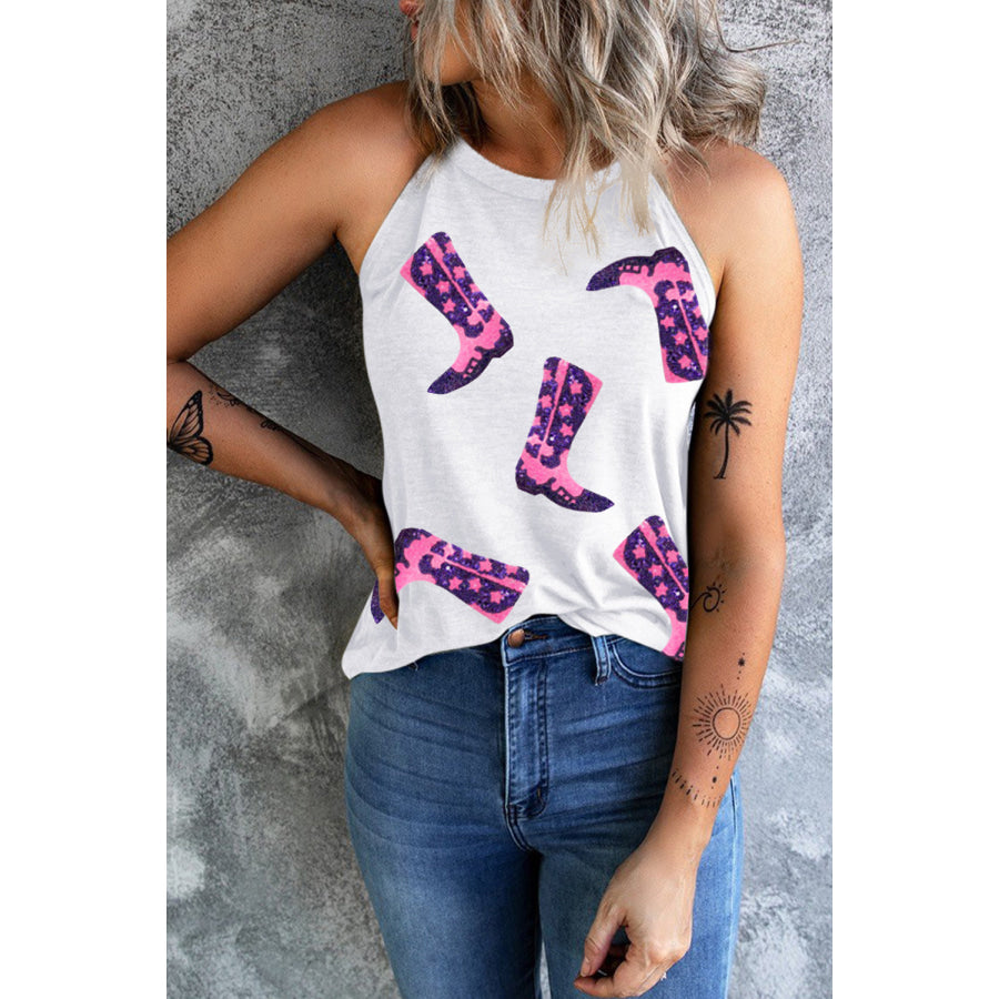 Sequin Boots Print Round Neck Tank White / S Apparel and Accessories