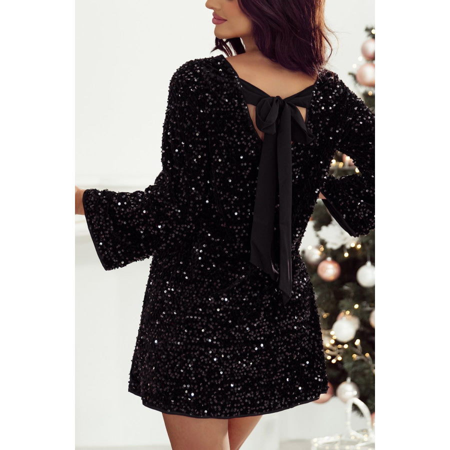 Sequin Bow Back Long Sleeve Mini Dress Apparel and Accessories