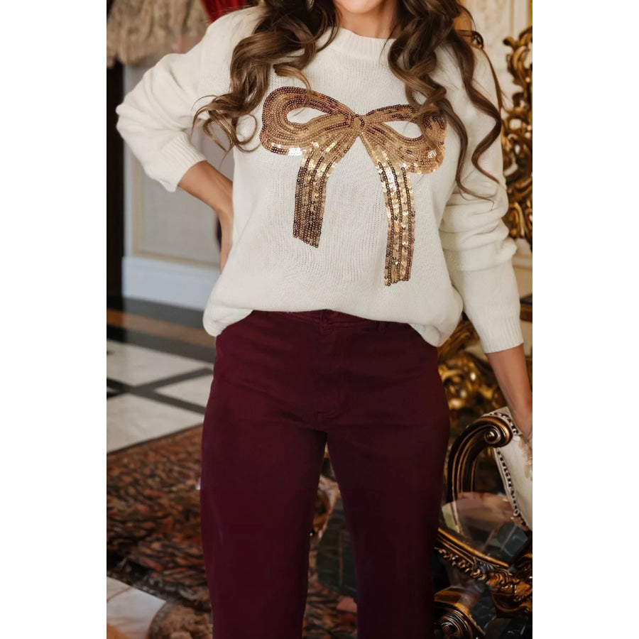 Sequin Bow Embellished Pullover Sweater Ivory / S Apparel and Accessories