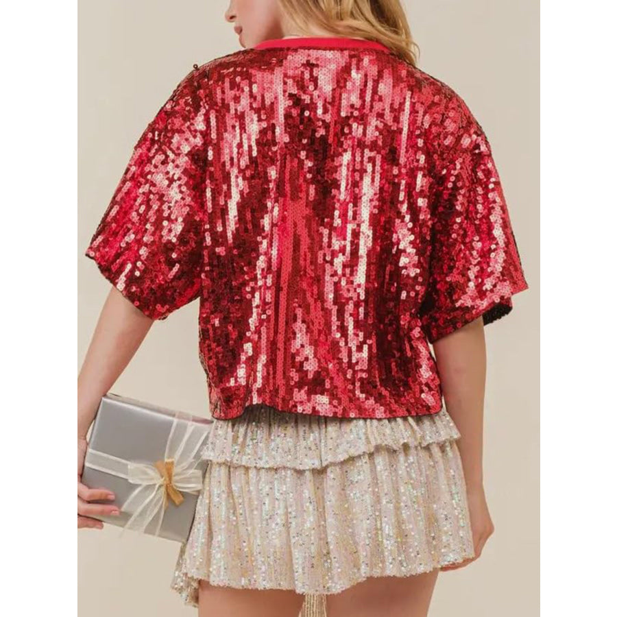 Sequin Bow Graphic Round Neck Half Sleeve T-Shirt Burgundy / S Apparel and Accessories