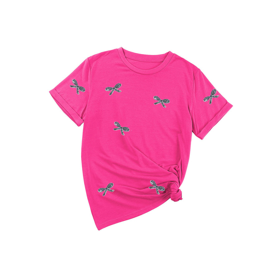 Sequin Bow Round Neck Short Sleeve T - Shirt Apparel and Accessories