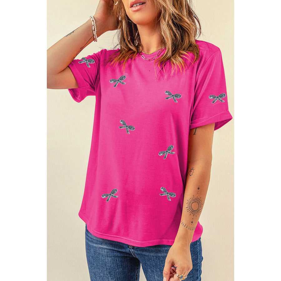 Sequin Bow Round Neck Short Sleeve T - Shirt Apparel and Accessories