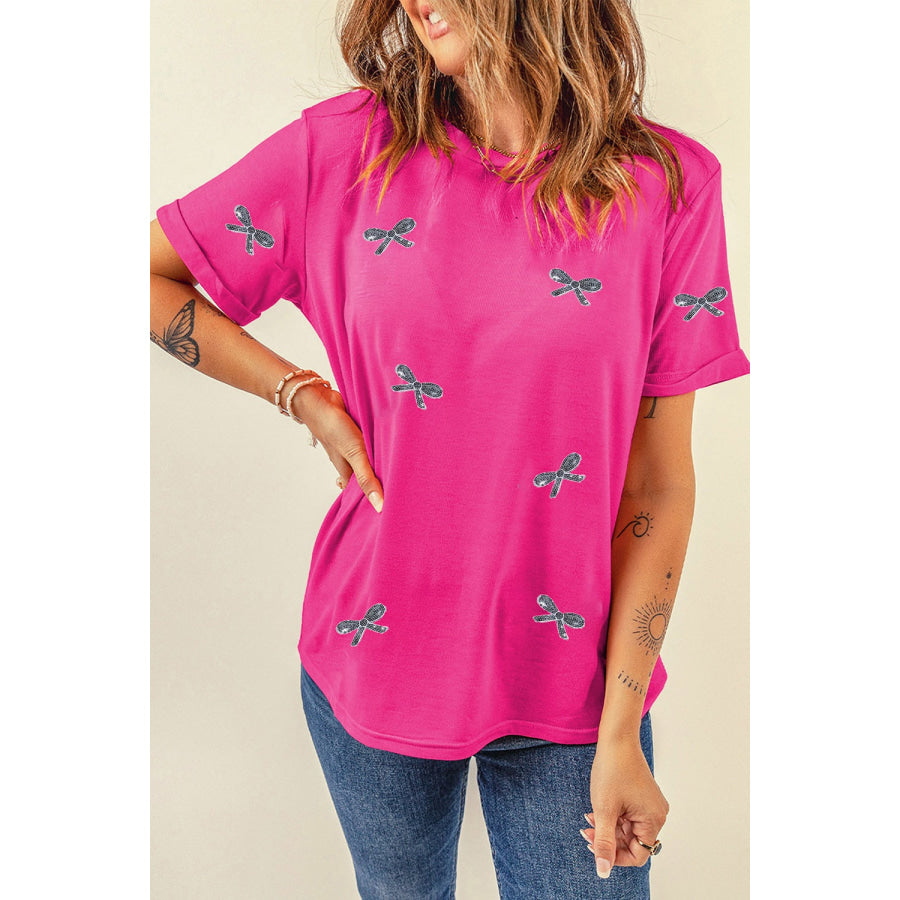 Sequin Bow Round Neck Short Sleeve T - Shirt Apparel and Accessories