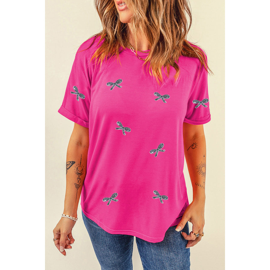 Sequin Bow Round Neck Short Sleeve T - Shirt Hot Pink / S Apparel and Accessories