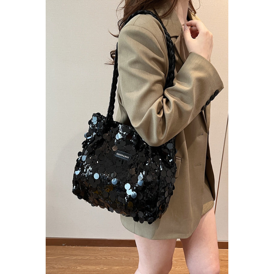 Sequin Braided Strap Shoulder Bag Black / One Size Apparel and Accessories