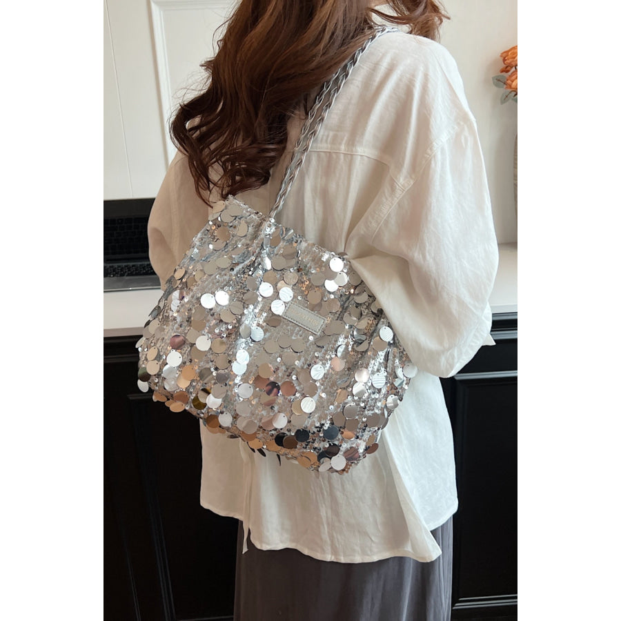 Sequin Braided Strap Shoulder Bag Silver / One Size Apparel and Accessories