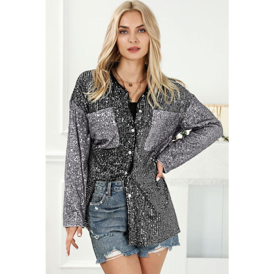 Sequin Button Up Collared Neck Shirt Charcoal / S