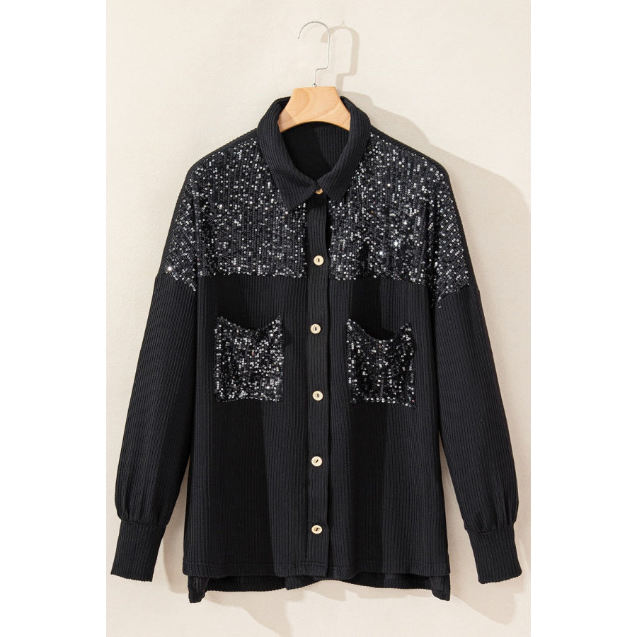 Sequin Button Up Dropped Shoulder Jacket Black / L Clothing