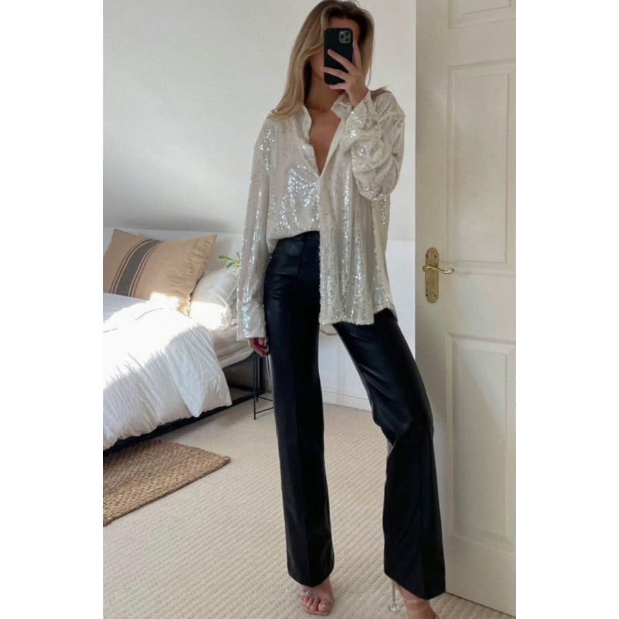 Sequin Button Up Long Sleeve Shirt Apparel and Accessories