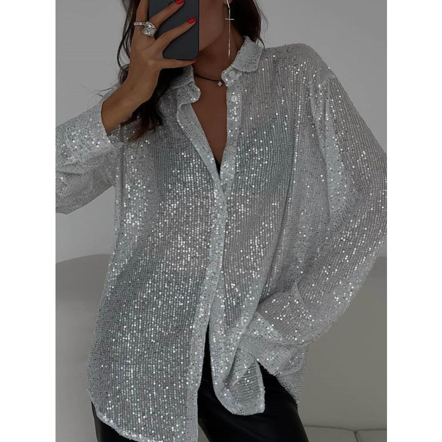 Sequin Button Up Long Sleeve Shirt Apparel and Accessories