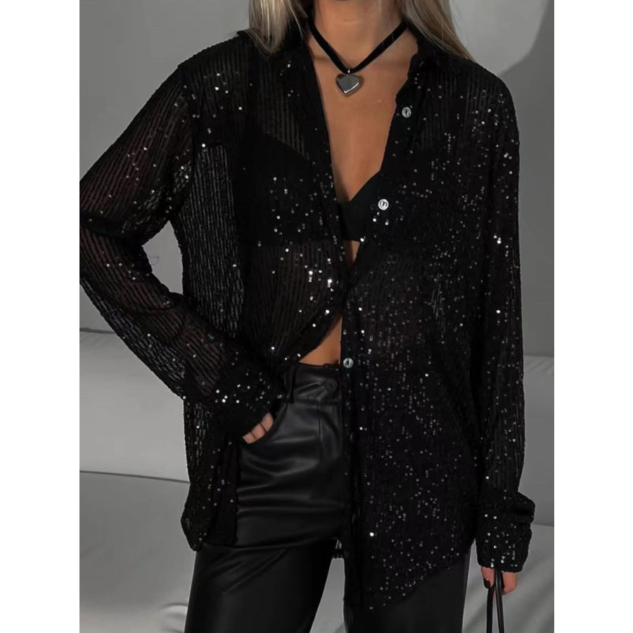 Sequin Button Up Long Sleeve Shirt Black / S Apparel and Accessories