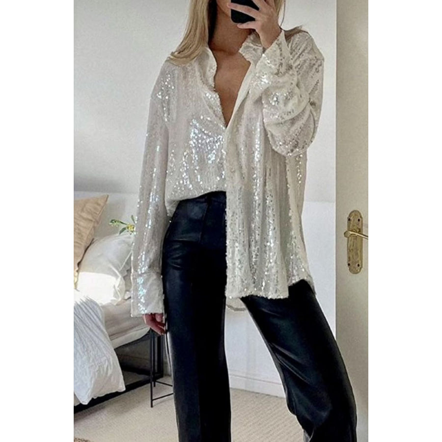 Sequin Button Up Long Sleeve Shirt Cream / S Apparel and Accessories