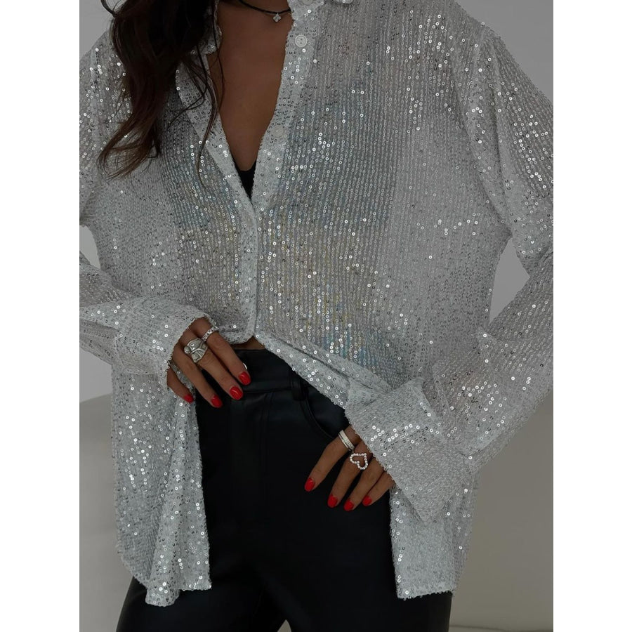 Sequin Button Up Long Sleeve Shirt White / S Apparel and Accessories