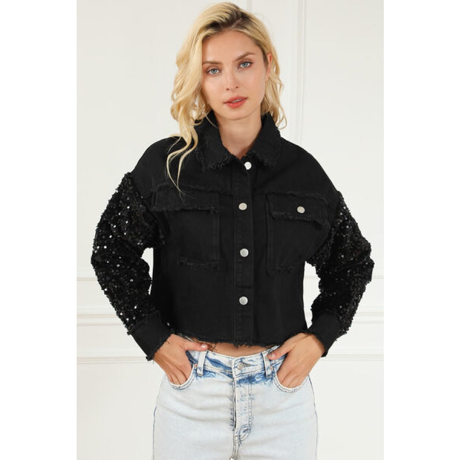 Sequin Button Up Raw Hem Denim Jacket Black / S Clothing