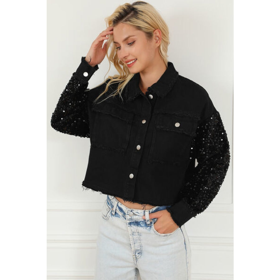 Sequin Button Up Raw Hem Denim Jacket Clothing