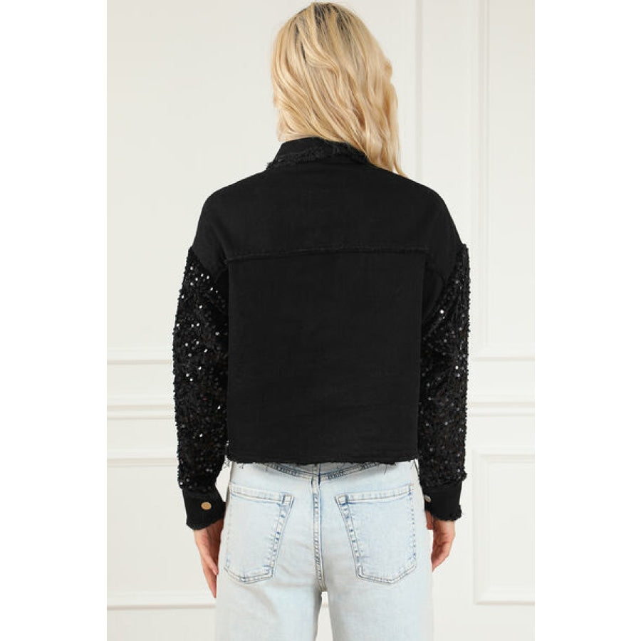 Sequin Button Up Raw Hem Denim Jacket Clothing