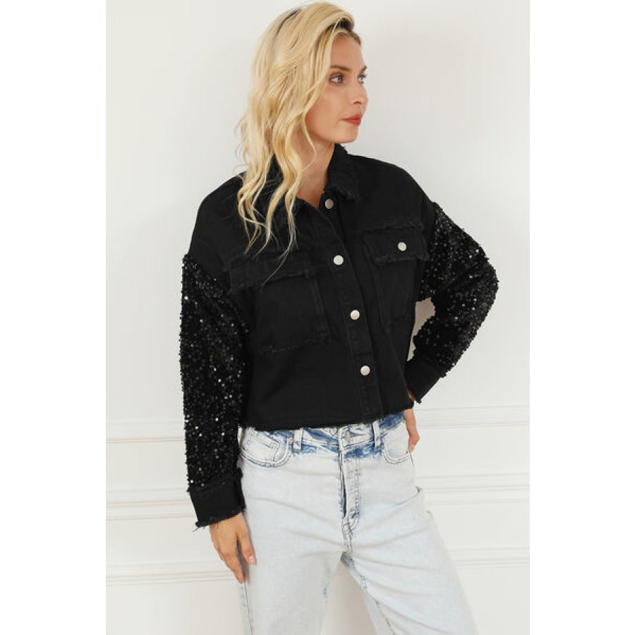 Sequin Button Up Raw Hem Denim Jacket Clothing