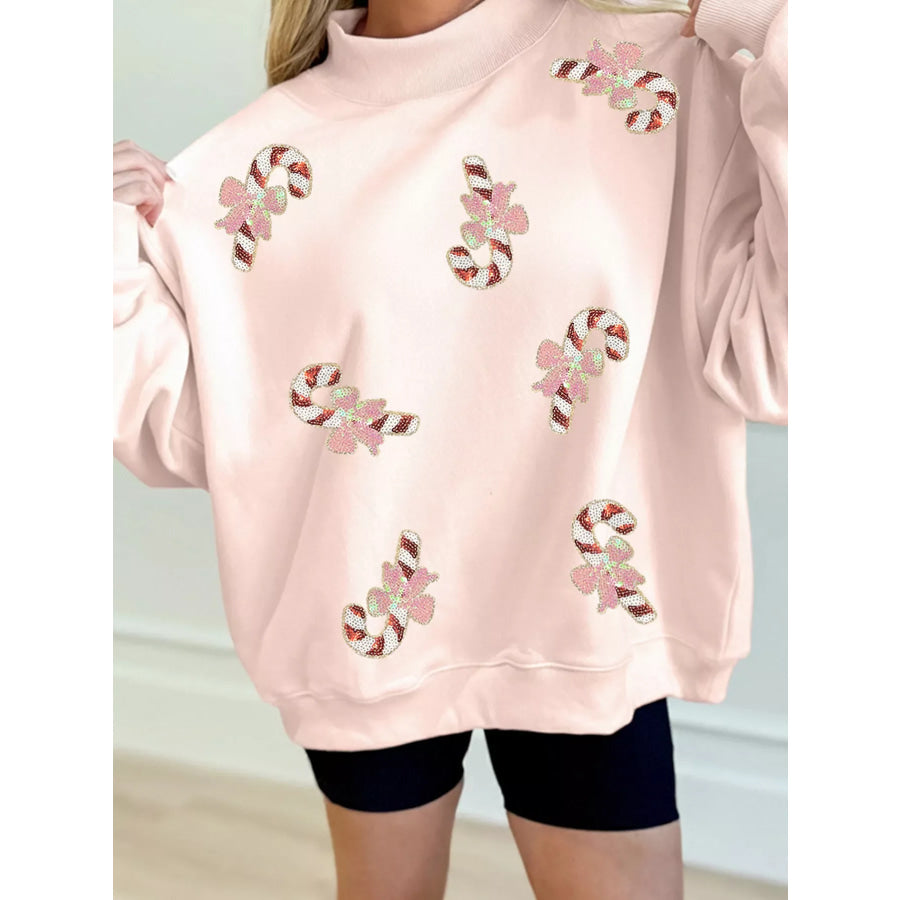Sequin Candy Cane Ribbed Mock Neck Christmas Sweatshirt Apparel and Accessories