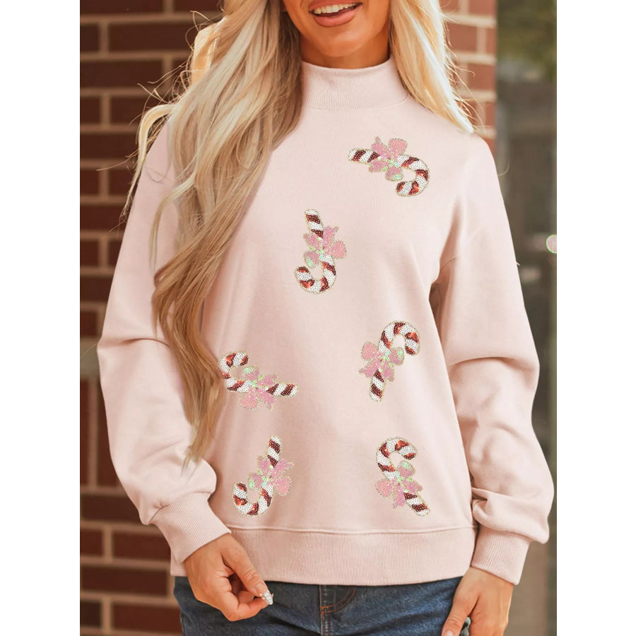 Sequin Candy Cane Ribbed Mock Neck Christmas Sweatshirt Apricot / S Apparel and Accessories