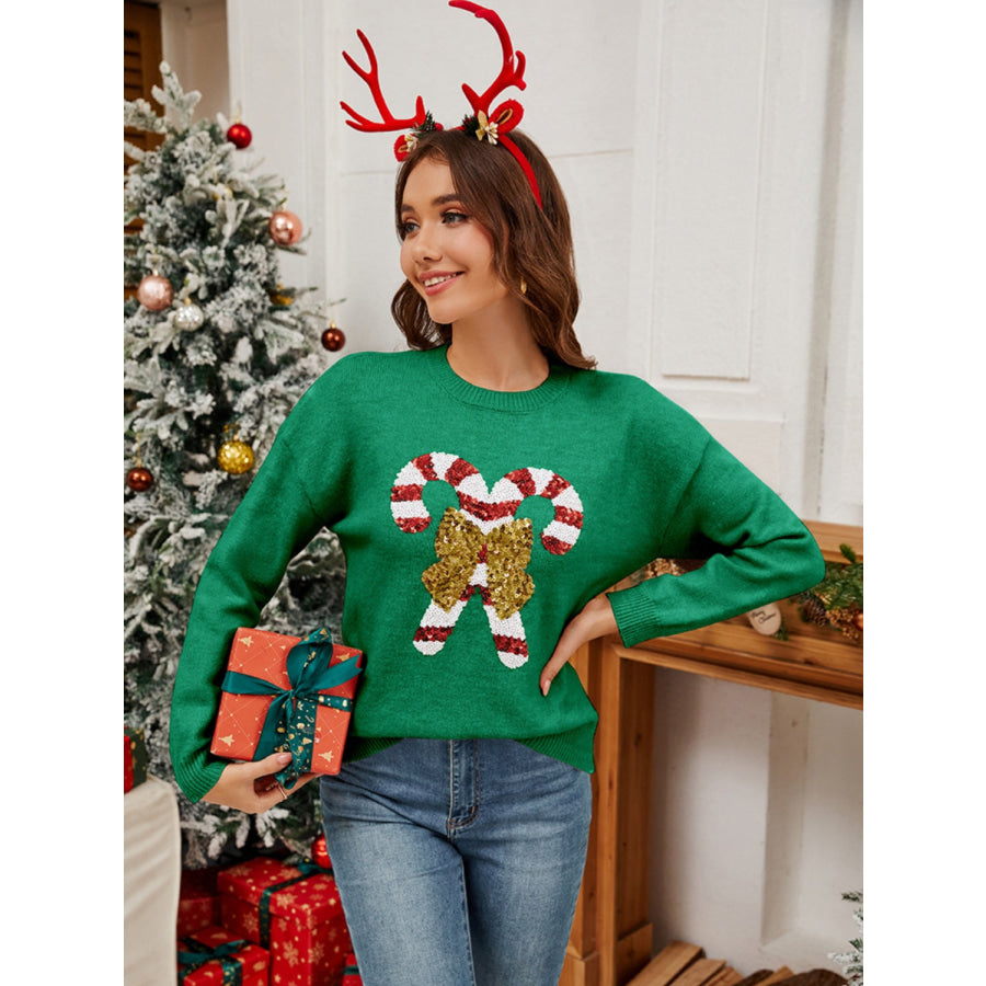 Sequin Candy Cane Round Neck Long Sleeve Sweater Apparel and Accessories