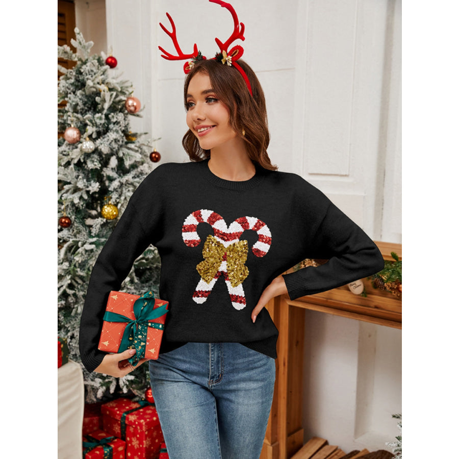 Sequin Candy Cane Round Neck Long Sleeve Sweater Black / S Apparel and Accessories