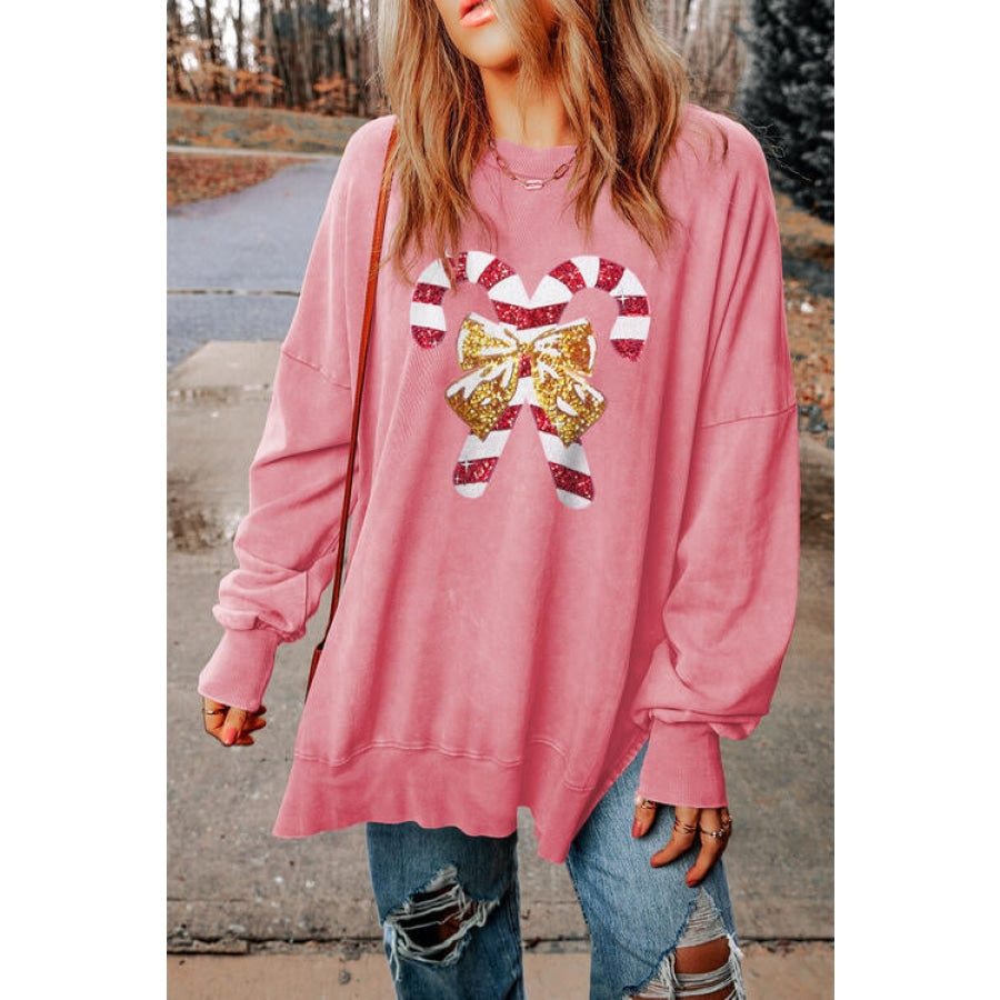 Sequin Candy Cane Round Neck Slit Sweatshirt Blush Pink / S