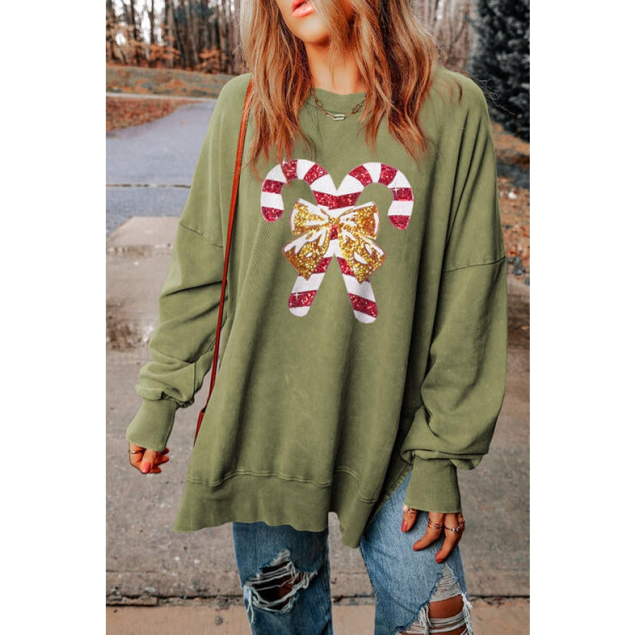 Sequin Candy Cane Round Neck Slit Sweatshirt Matcha Green / S