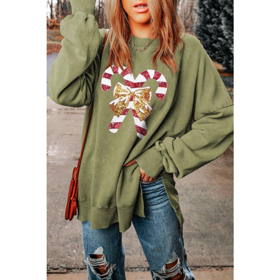 Sequin Candy Cane Round Neck Slit Sweatshirt