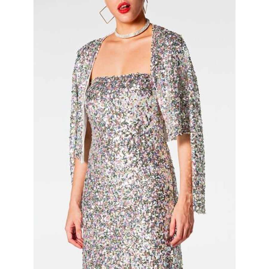 Sequin Cardigan and Straight Dress Set Clothing