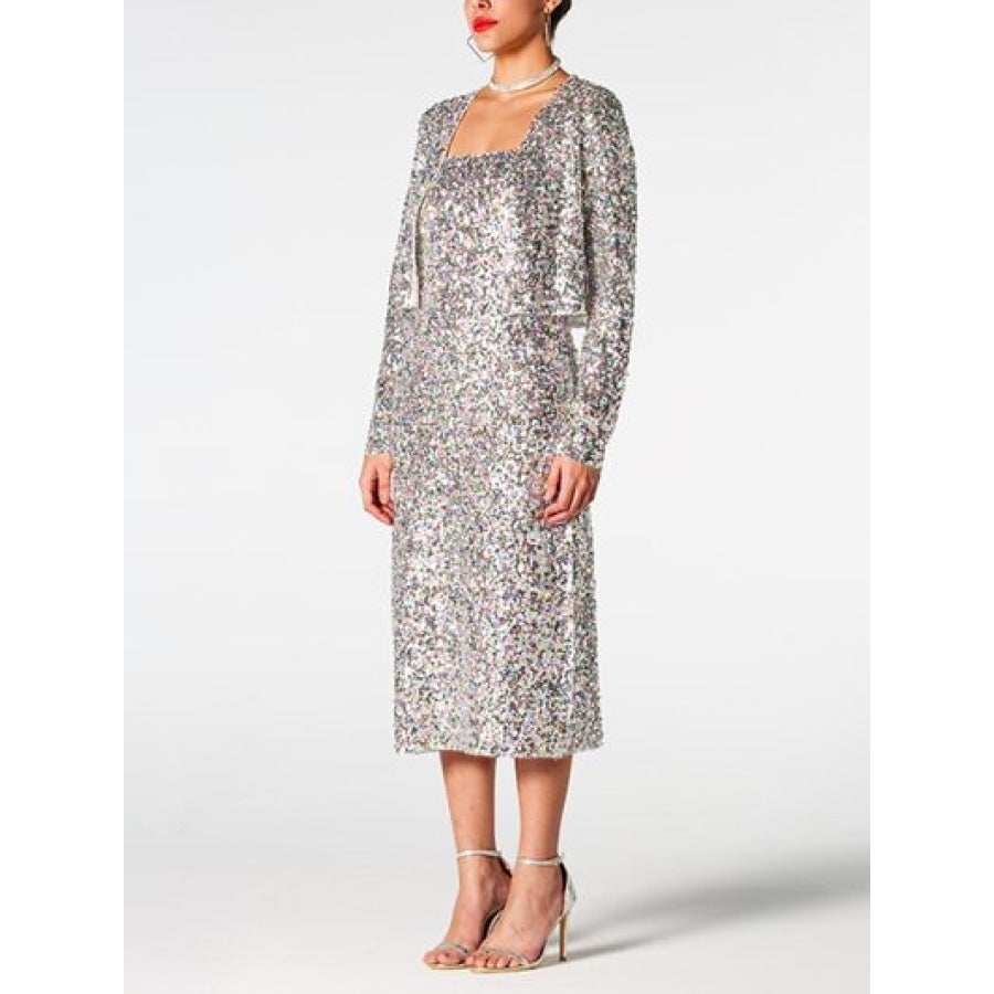 Sequin Cardigan and Straight Dress Set Clothing