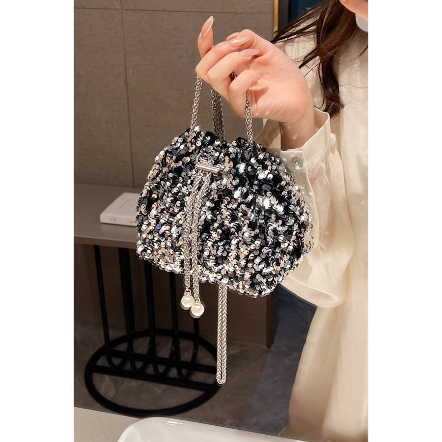 Sequin Chain Drawstring Bucket Bag Apparel and Accessories