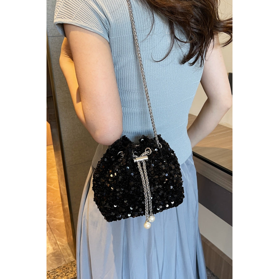 Sequin Chain Drawstring Bucket Bag Apparel and Accessories