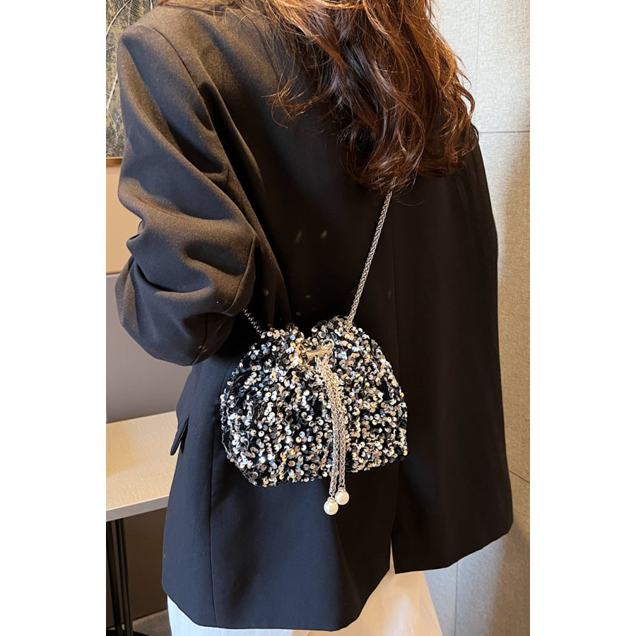 Sequin Chain Drawstring Bucket Bag Apparel and Accessories