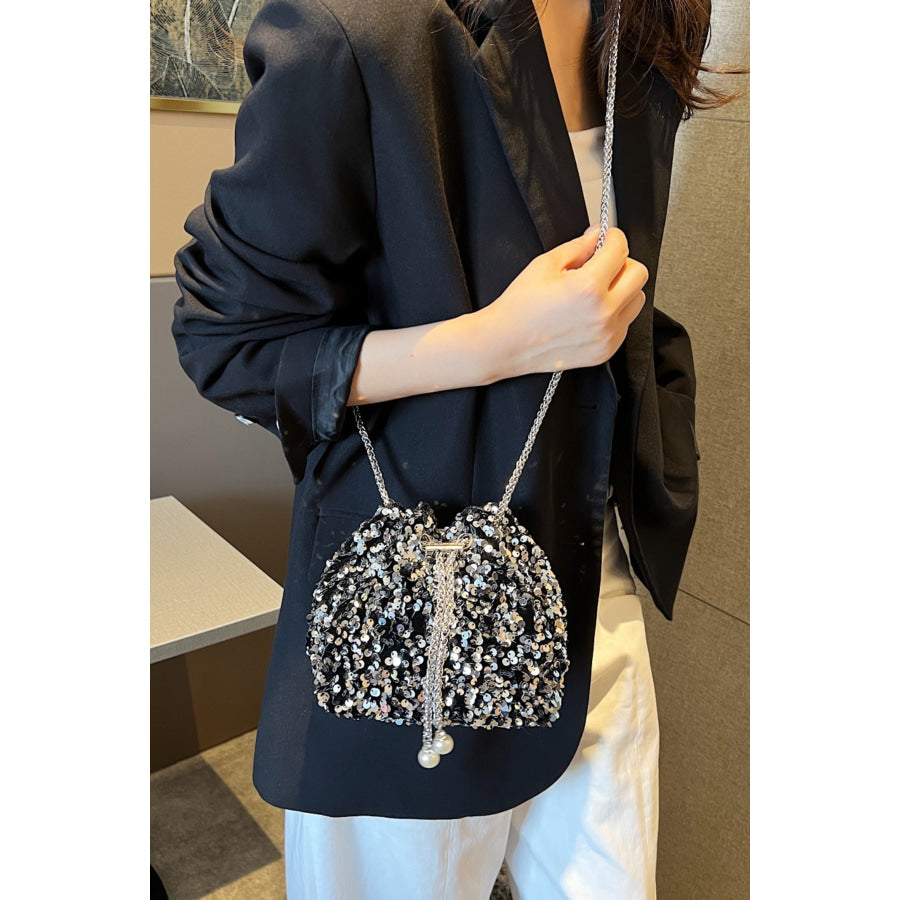 Sequin Chain Drawstring Bucket Bag Apparel and Accessories