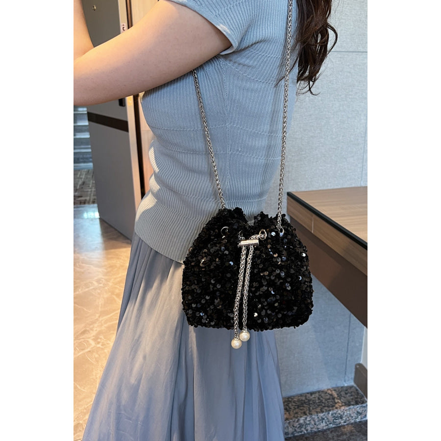 Sequin Chain Drawstring Bucket Bag Apparel and Accessories