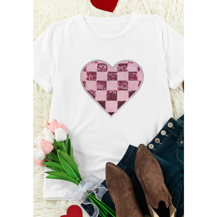 Sequin Checkered Heart Round Neck Short Sleeve T-Shirt Apparel and Accessories