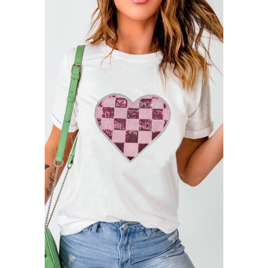 Sequin Checkered Heart Round Neck Short Sleeve T-Shirt Apparel and Accessories