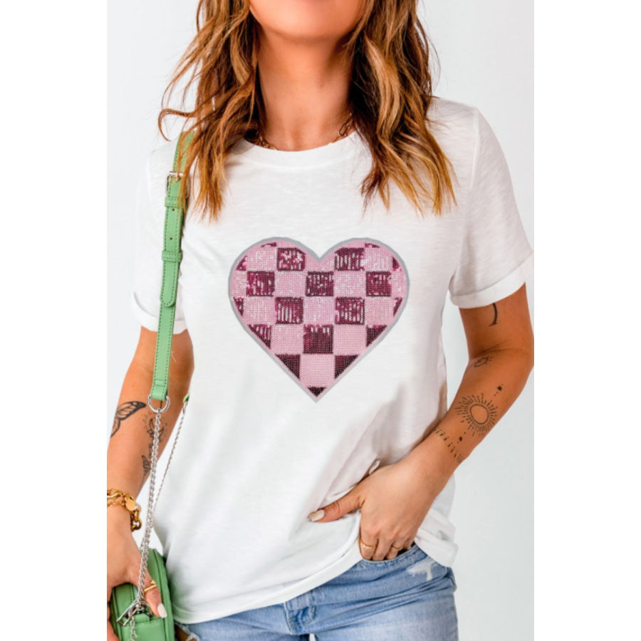 Sequin Checkered Heart Round Neck Short Sleeve T-Shirt Apparel and Accessories