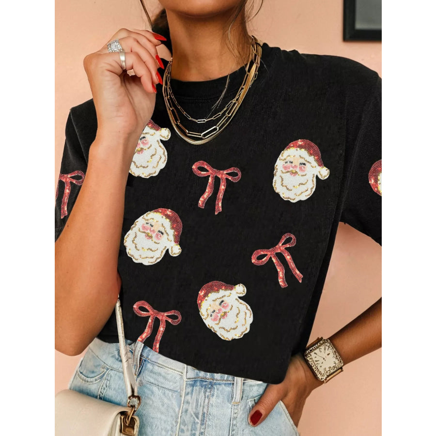 Sequin Christmas Bow Santa Claus Patched T Shirt Apparel and Accessories