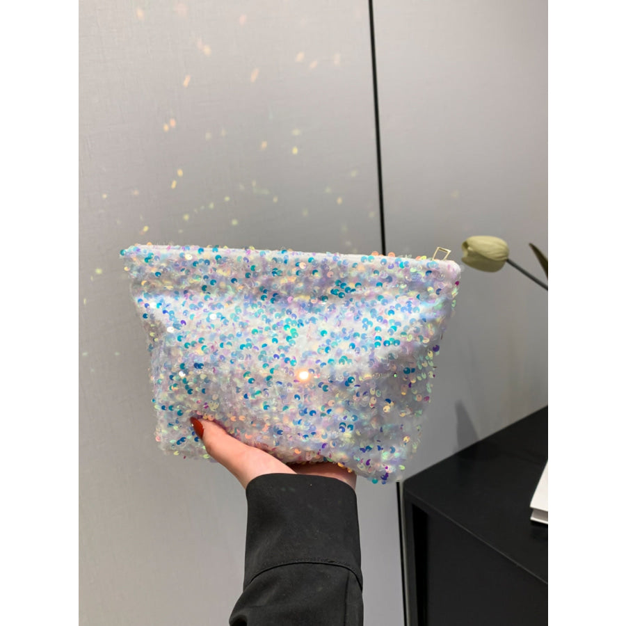 Sequin Clutch with Zipper White / One Size Apparel and Accessories