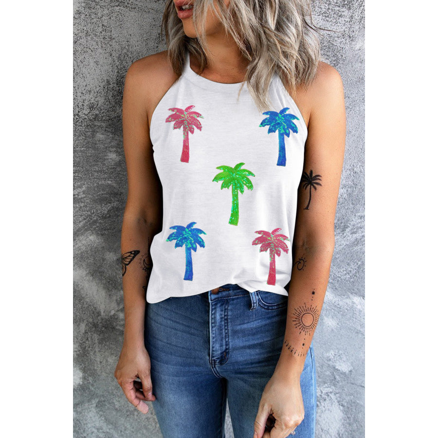 Sequin Coconut Tree Round Neck Tank White / S Apparel and Accessories