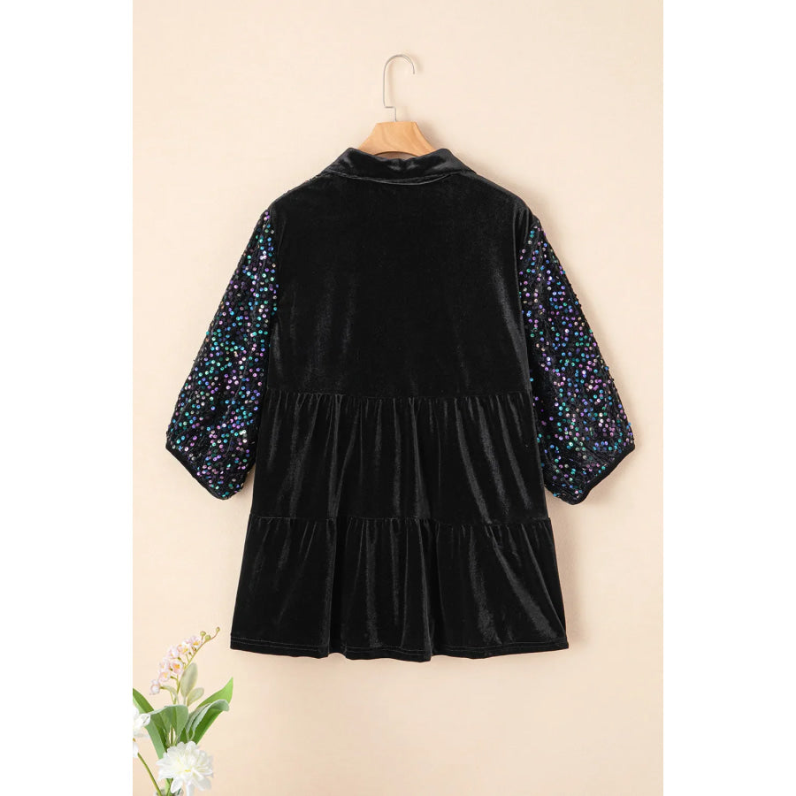 Sequin Collared Neck Three-Quarter Sleeve Oversize Shirt Apparel and Accessories