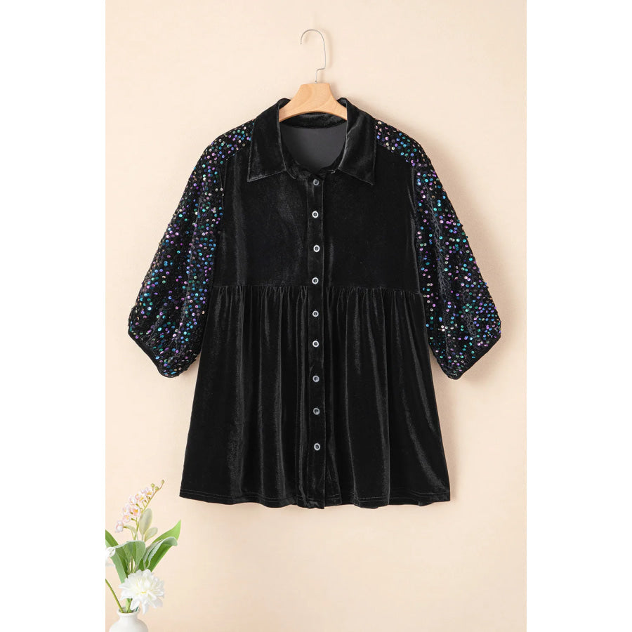 Sequin Collared Neck Three-Quarter Sleeve Oversize Shirt Apparel and Accessories