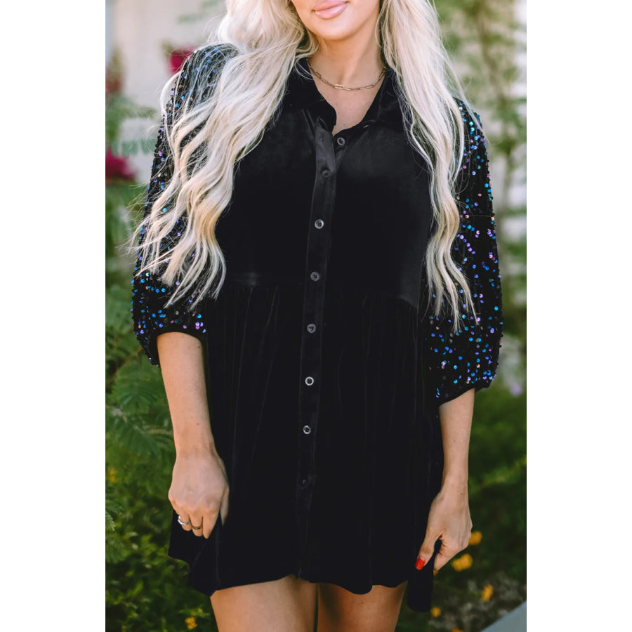 Sequin Collared Neck Three-Quarter Sleeve Oversize Shirt Black / S Apparel and Accessories