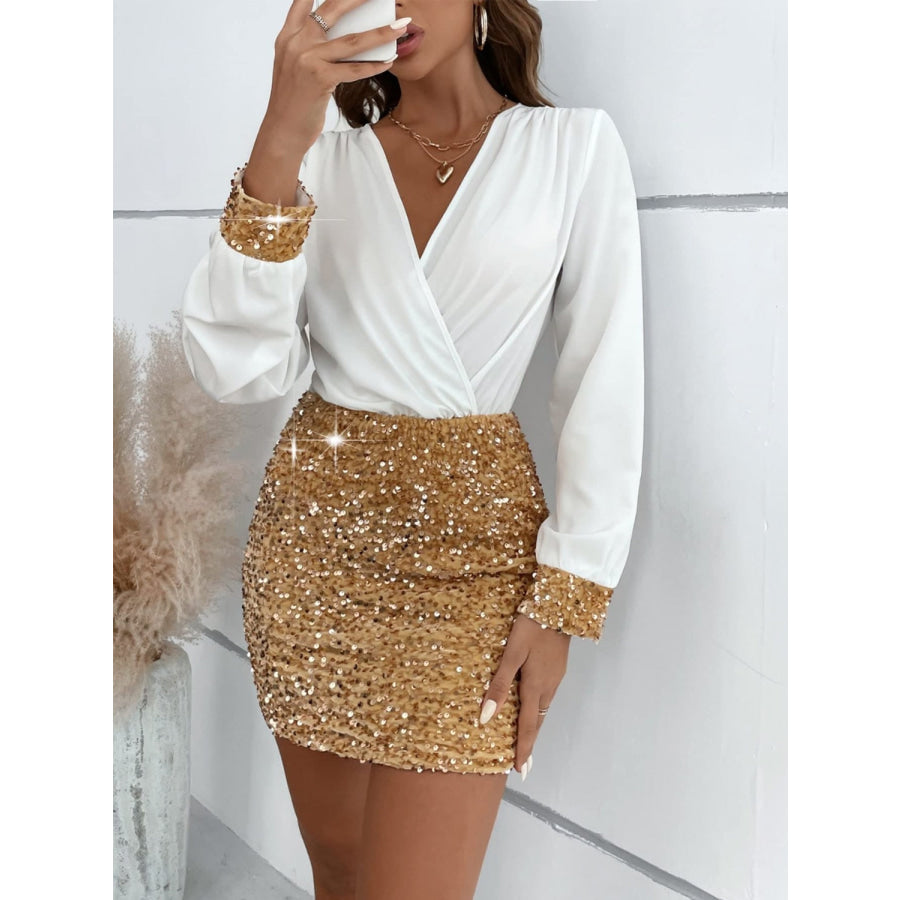 Sequin Contrast Surplice Long Sleeve Dress Apparel and Accessories