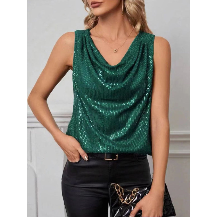 Sequin Cowl Neck Tank Dark Green / S Apparel and Accessories