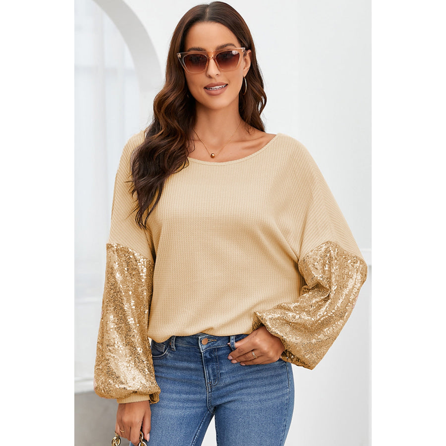 Sequin Crisscross Boat Neck Long Sleeve Blouse Apparel and Accessories