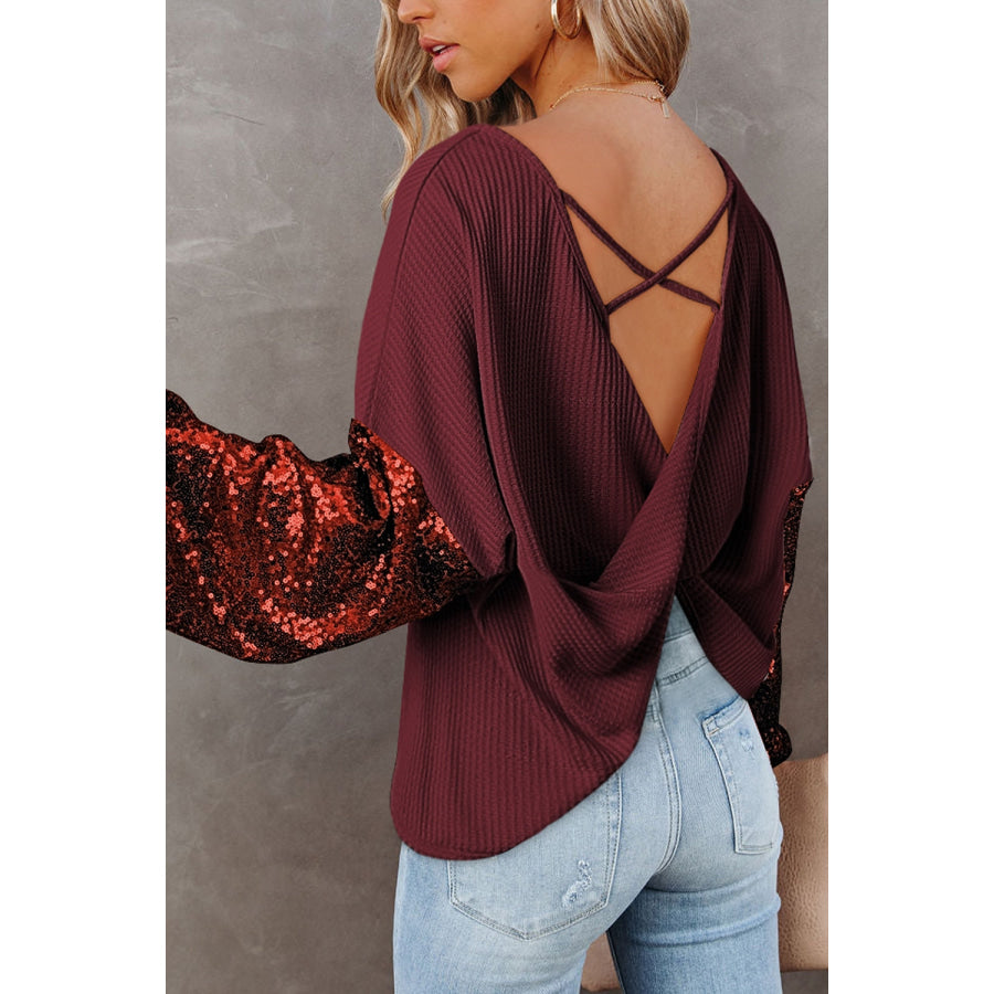 Sequin Crisscross Boat Neck Long Sleeve Blouse Burgundy / S Apparel and Accessories